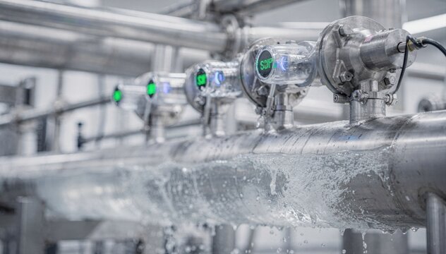 Closeup medium shot of turbidity sensors detecting water clarity changes in an automated cleaninginplace system ensuring optimal hygiene standards.