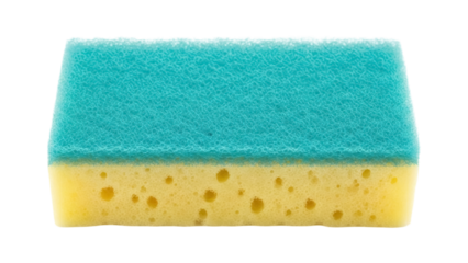 Two-sided cleaning sponge isolated PNG, blue and yellow dishwashing tool for household chores on transparent background