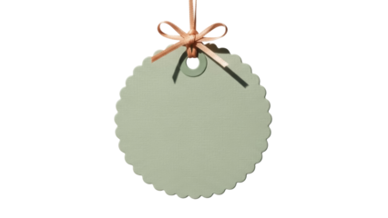 Scalloped pale green gift tag with peach ribbon isolated PNG, blank label for price or message on transparent background