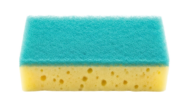 Two-sided cleaning sponge isolated PNG, blue and yellow dishwashing tool for household chores on transparent background