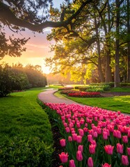 Pathway of Tulips at Sunset - A Serene Garden Scene.