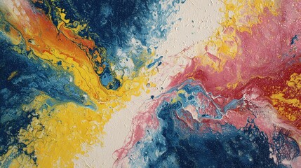 Vibrant abstract acrylic fluid art painting with dynamic swirls of blue yellow and pink colors on textured canvas