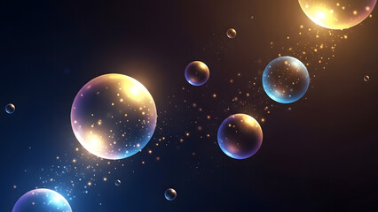 Abstract Glowing Bubbles Floating in Dark Space with Golden Stardust and Blue Light