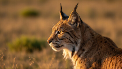 Obraz premium Majestic lynx wildcat predator in nature. This wildlife feline animal mammal shows pointed ears and a side profile. The hunter stands in a golden meadow during sunset light.