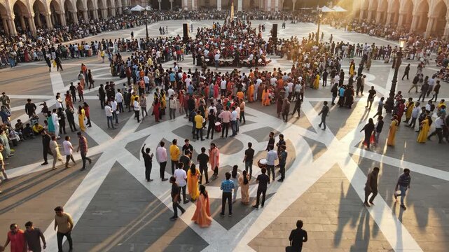 Crowded public square with people walking