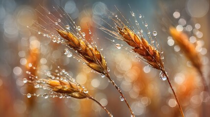 Golden wheat ears with clear dew drops in warm morning sunlight against soft bright bokeh background macro photography
