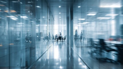 Dynamic modern office space with glass partitions and blurred motion of people in corporate environment