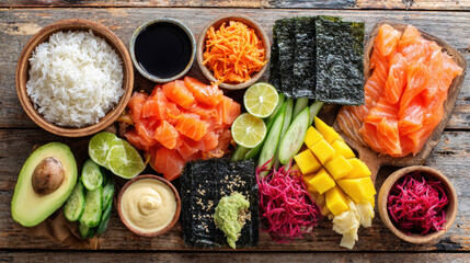 Naklejka premium Colorful overhead view of fresh sushi ingredients including salmon, avocado, mango, and rice on wood. Perfect for healthy eating, Japanese food culture, seafood recipes, and poke bowl promotions