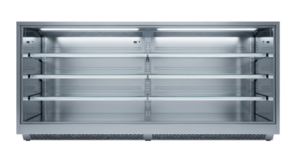 Commercial refrigerator with glass shelves isolated PNG, stainless steel display case for food storage on transparent background