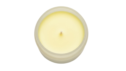 Small yellow candle in glass isolated PNG, aromatherapy wax light for relaxation and home decor on transparent background
