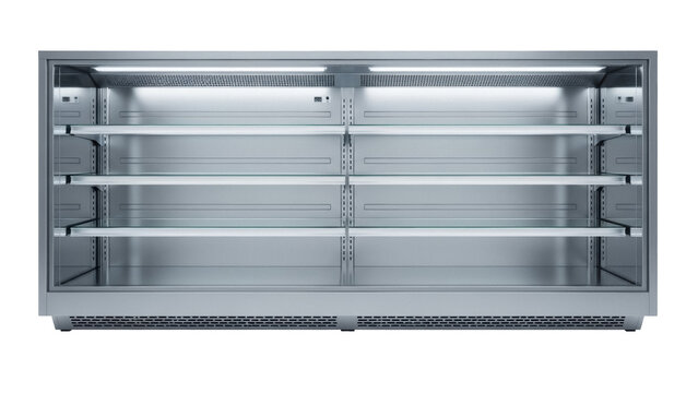 Commercial refrigerator with glass shelves isolated PNG, stainless steel display case for food storage on transparent background