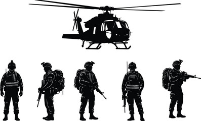 Silhouette set of military soldiers team with helicopter, special forces army men with guns, vector illustration isolated on white background, war concept. © Sagar Creative