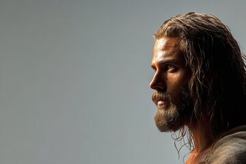 Profile portrait of Jesus Christ with long wet hair and beard on light background with copy space for text religious concept