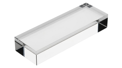 Clear glass block isolated PNG on transparent background, crystal cube for awards and paperweight mockup, modern minimalist design element