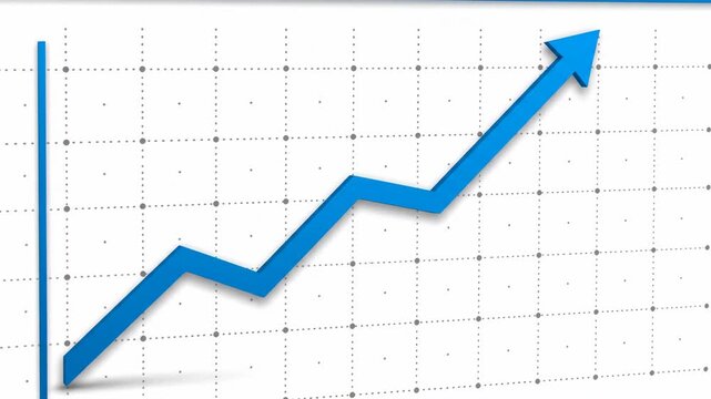 Blue arrow on graph showing initial growth, a flat line, then a strong upward trend for business revenue analysis