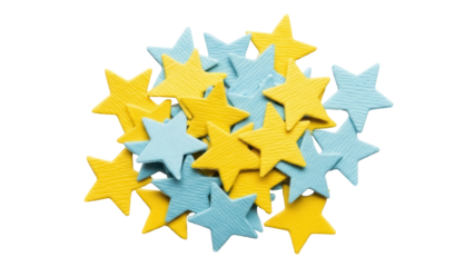 Pile of blue and yellow star shaped sprinkles isolated PNG, confectionery decorations for baking and decorating cakes on transparent background