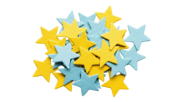 Pile of blue and yellow star shaped sprinkles isolated PNG, confectionery decorations for baking and decorating cakes on transparent background - Powered by Adobe