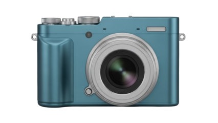 Teal digital camera isolated PNG, compact photography device for travel and creative projects on transparent background