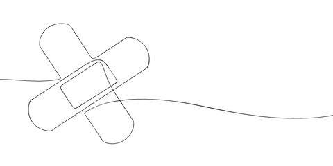A minimal line art illustration of crossed adhesive bandages, symbolizing first aid, wound care, and basic medical treatment.