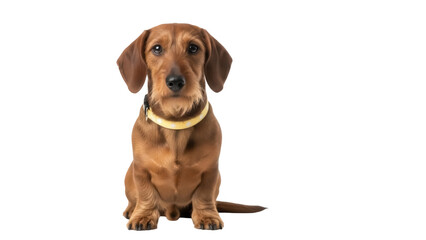 Adorable dachshund puppy with yellow collar isolated PNG, cute brown dog sitting on transparent background for pet-related designs © Nicolae