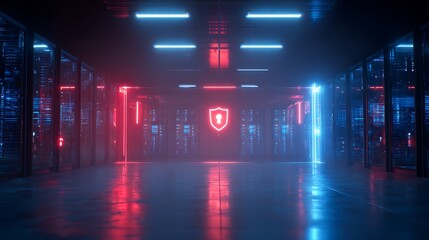 Futuristic server room with glowing blue/red lights, security symbol, dark corridor, data storage