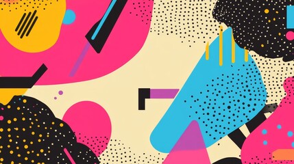 Contemporary digital art featuring an abstract neo Memphis style background with grainy texture and various shapes in bold colors