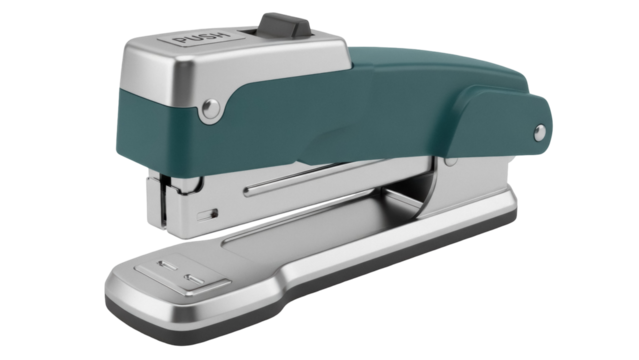 Teal and silver stapler isolated PNG on transparent background, office supply for paperwork and document organization - Powered by Adobe