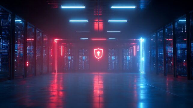 Futuristic server room with glowing blue/red lights, security symbol, dark corridor, data storage - Powered by Adobe