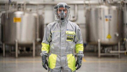 Medium shot of a technician wearing breathable multilayer chemical barrier fabric workwear designed for comfort and protection in hazardous liquid environments.
