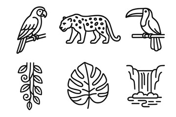 Obraz premium Tropical Wildlife Icons. Wildlife rainforest set in outline vector style: parrot, jaguar, toucan, vine, tropical leaf, waterfall