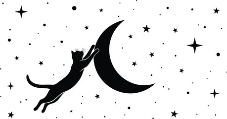 Vector illustration of black cat silhouette jumping to catch crescent moon and stars in night sky isolated on white background, playful dream. © Sagar Creative