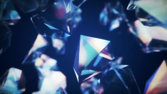 Abstract geometric shapes floating in a dark blue space, creating a futuristic background.