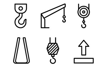 Load Handling Icons. Load Handling lifting set in outline vector style: hoist hook, crane arm, pulley wheel, lifting strap, load block, upward arrow