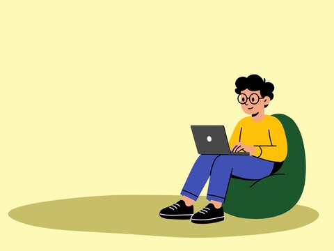 Young Man Working on Laptop on Bean Bag Chair &mdash; Remote Work Flat Illustration