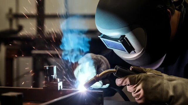 arc welding sparks in workshop with protective mask and gloves