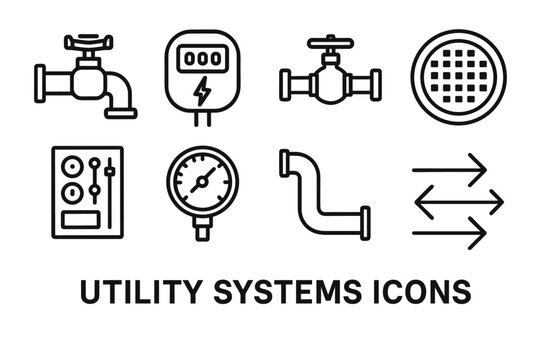 Utility System Icons. Utility Systems set in outline vector style: water pipe, electrical meter, gas valve, sewer cover, control panel, pressure gauge, conduit line, system flow arrows