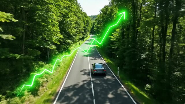 Car driving on road through green forest with financial growth chart overlay. Rising business graph on nature background.