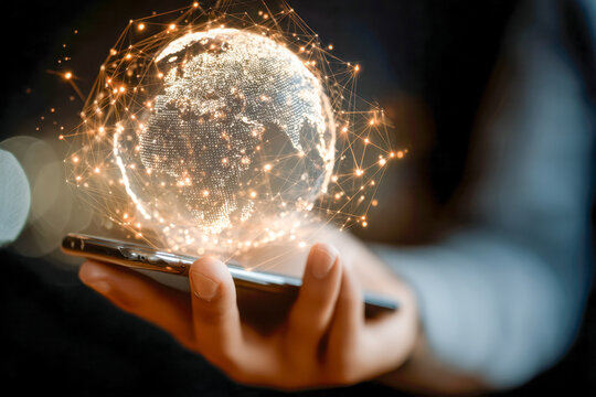 Hand holding smartphone with glowing digital globe and interconnected network points symbolizing global communication and futuristic technology concepts - Powered by Adobe