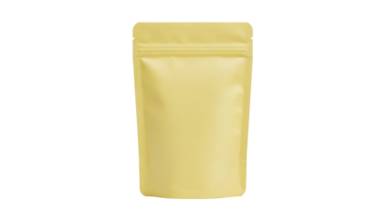 Yellow stand-up pouch PNG isolated on transparent background, blank packaging mockup for food products and merchandise presentation