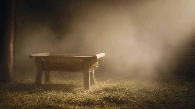 Empty Wooden Manger in Dusty Barn with Dramatic Light - Nativity Scene Concept