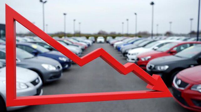 Red falling graph arrow over car lot. Auto sale decline, negative trend in car market. Financial infographic.