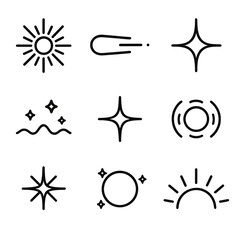 Fototapeta premium Luminous Icon Glow. Luminous Glow set in outline vector style : radiant burst, soft beam, shining dot, gentle flare, light ripple, warm shimmer, glowing ring, brilliance arc