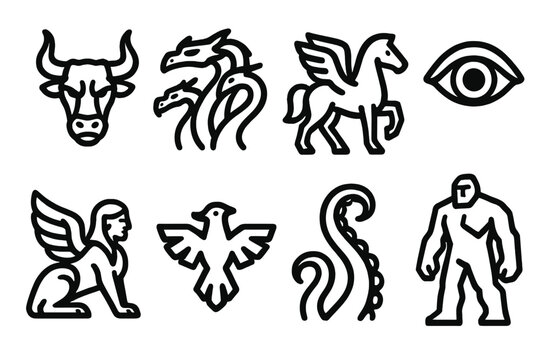 Mythic Creatures Icons. Ancient Mythic Creatures set in outline vector style: minotaur head, hydra outline, winged horse, cyclops eye, sphinx shape, thunderbird
