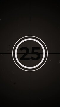 30 seconds vertical old movie countdown designed for portrait video, featuring vintage film leader style with flicker, grain, dust and scratches. Ideal for retro reels, shorts, and mobile edits.