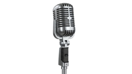 Silver vintage microphone PNG isolated on transparent background, retro recording equipment for music and broadcasting