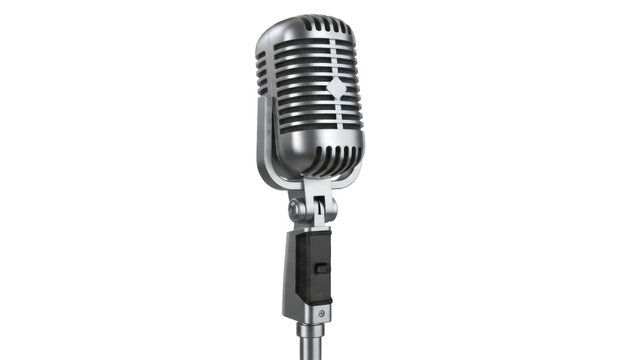 Silver vintage microphone PNG isolated on transparent background, retro recording equipment for music and broadcasting