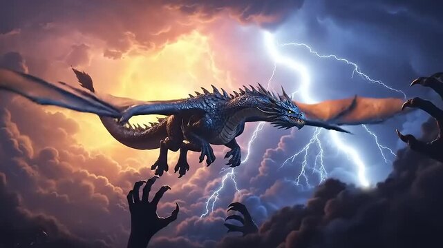 A majestic dragon soars through a stormy sky illuminated by lightning with ominous hands reaching up from below in a dramatic fantasy scene.