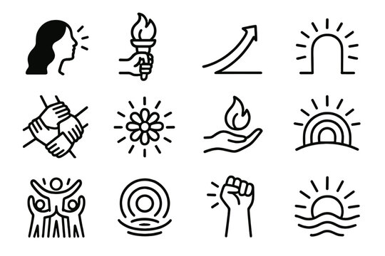 Inspirational Women Icons. International Women&rsquo;s Day Inspirational Moments set in outline vector style: shining profile, lifted torch icon, upward curve,