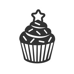 Cupcake Silhouette with Topping for Birthday and Celebration Designs. Stylized Black and White Cupcake with Star. Sweet Delight. Vector Icon