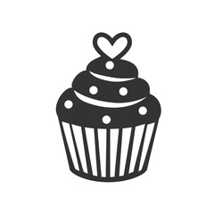 Cupcake Silhouette with Topping for Birthday and Celebration Designs. Stylized Black and White Cupcake with Heart. Sweet Delight for Valentines Day. Vector Icon